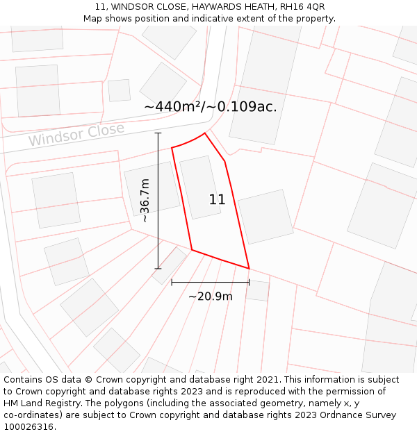 11, WINDSOR CLOSE, HAYWARDS HEATH, RH16 4QR: Plot and title map