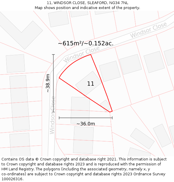 11, WINDSOR CLOSE, SLEAFORD, NG34 7NL: Plot and title map