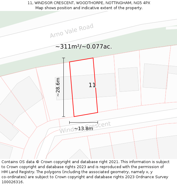 11, WINDSOR CRESCENT, WOODTHORPE, NOTTINGHAM, NG5 4PX: Plot and title map