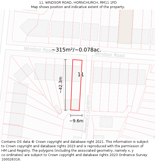 11, WINDSOR ROAD, HORNCHURCH, RM11 1PD: Plot and title map