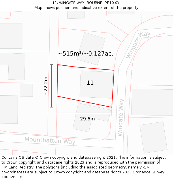 11, WINGATE WAY, BOURNE, PE10 9YL: Plot and title map