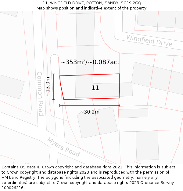 11, WINGFIELD DRIVE, POTTON, SANDY, SG19 2GQ: Plot and title map