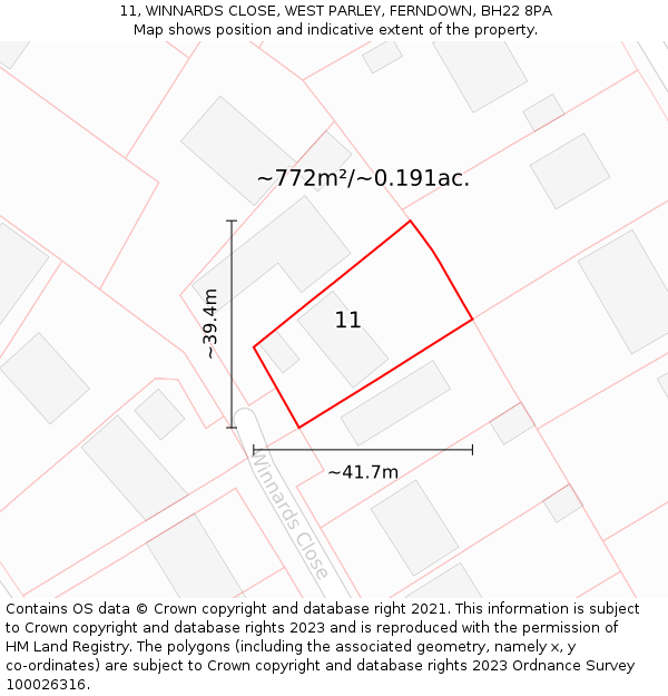 11, WINNARDS CLOSE, WEST PARLEY, FERNDOWN, BH22 8PA: Plot and title map