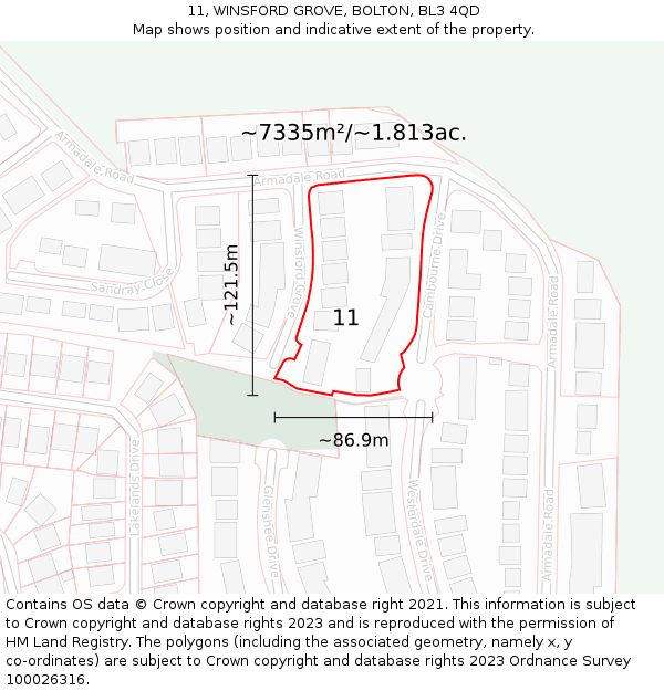 11, WINSFORD GROVE, BOLTON, BL3 4QD: Plot and title map