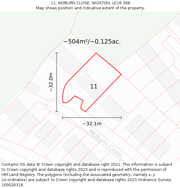 11, WOBURN CLOSE, WIGSTON, LE18 3XB: Plot and title map