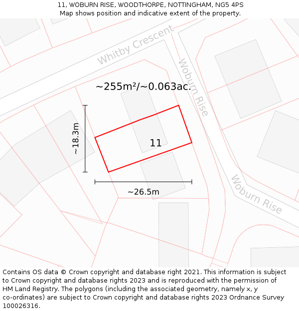 11, WOBURN RISE, WOODTHORPE, NOTTINGHAM, NG5 4PS: Plot and title map