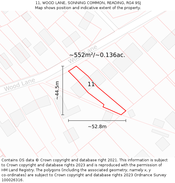 11, WOOD LANE, SONNING COMMON, READING, RG4 9SJ: Plot and title map