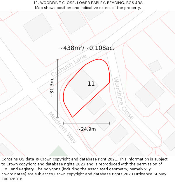 11, WOODBINE CLOSE, LOWER EARLEY, READING, RG6 4BA: Plot and title map