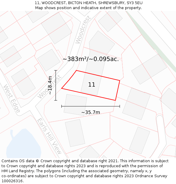 11, WOODCREST, BICTON HEATH, SHREWSBURY, SY3 5EU: Plot and title map