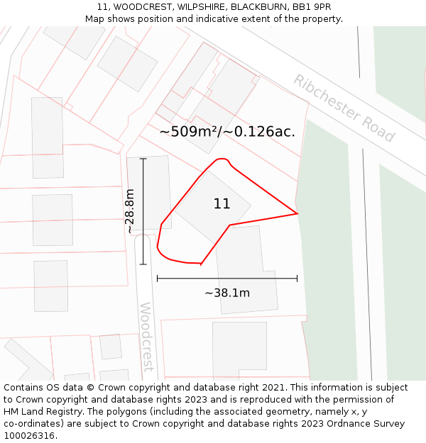 11, WOODCREST, WILPSHIRE, BLACKBURN, BB1 9PR: Plot and title map