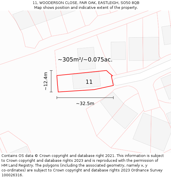 11, WOODERSON CLOSE, FAIR OAK, EASTLEIGH, SO50 8QB: Plot and title map