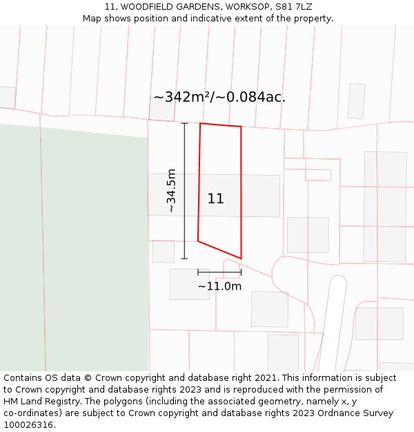 11, WOODFIELD GARDENS, WORKSOP, S81 7LZ: Plot and title map