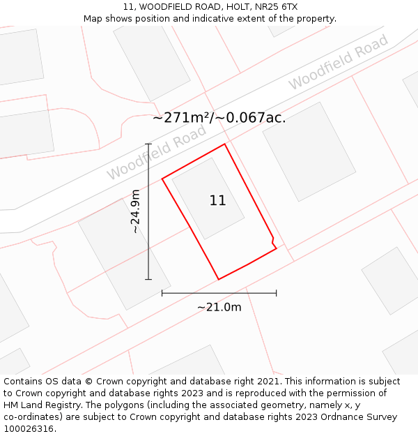 11, WOODFIELD ROAD, HOLT, NR25 6TX: Plot and title map