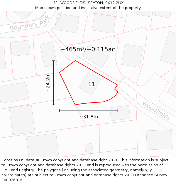 11, WOODFIELDS, SEATON, EX12 2UX: Plot and title map