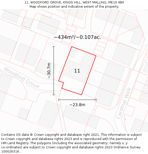 11, WOODFORD GROVE, KINGS HILL, WEST MALLING, ME19 4BX: Plot and title map