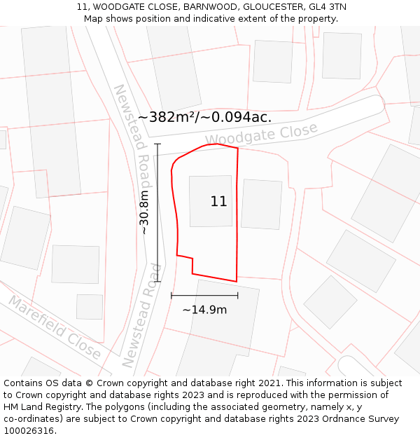11, WOODGATE CLOSE, BARNWOOD, GLOUCESTER, GL4 3TN: Plot and title map