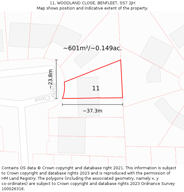 11, WOODLAND CLOSE, BENFLEET, SS7 2JH: Plot and title map