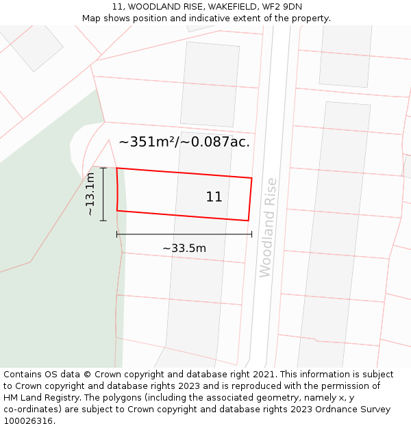 11, WOODLAND RISE, WAKEFIELD, WF2 9DN: Plot and title map