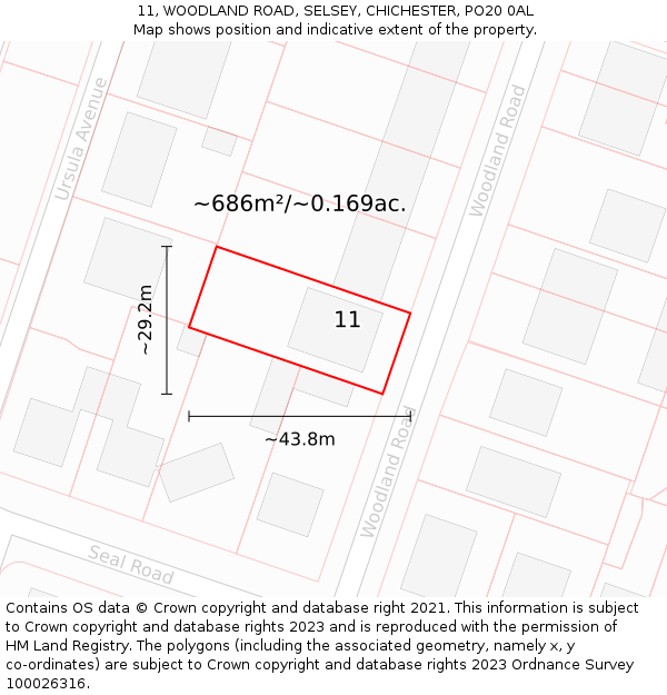 11, WOODLAND ROAD, SELSEY, CHICHESTER, PO20 0AL: Plot and title map