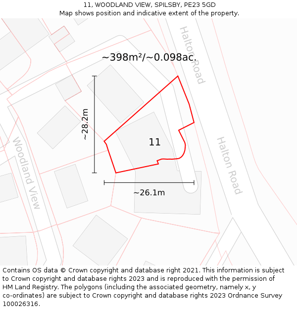 11, WOODLAND VIEW, SPILSBY, PE23 5GD: Plot and title map