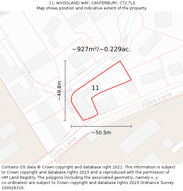 11, WOODLAND WAY, CANTERBURY, CT2 7LS: Plot and title map