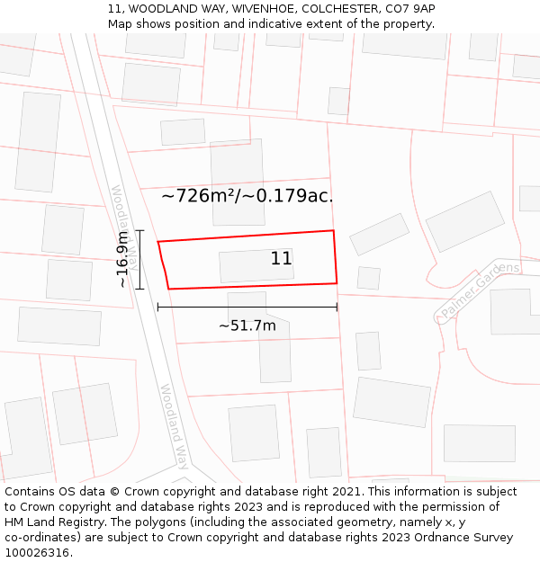 11, WOODLAND WAY, WIVENHOE, COLCHESTER, CO7 9AP: Plot and title map