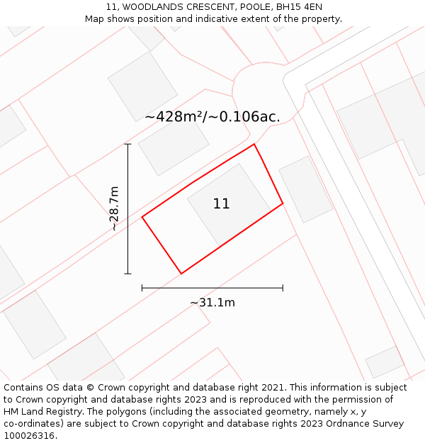 11, WOODLANDS CRESCENT, POOLE, BH15 4EN: Plot and title map