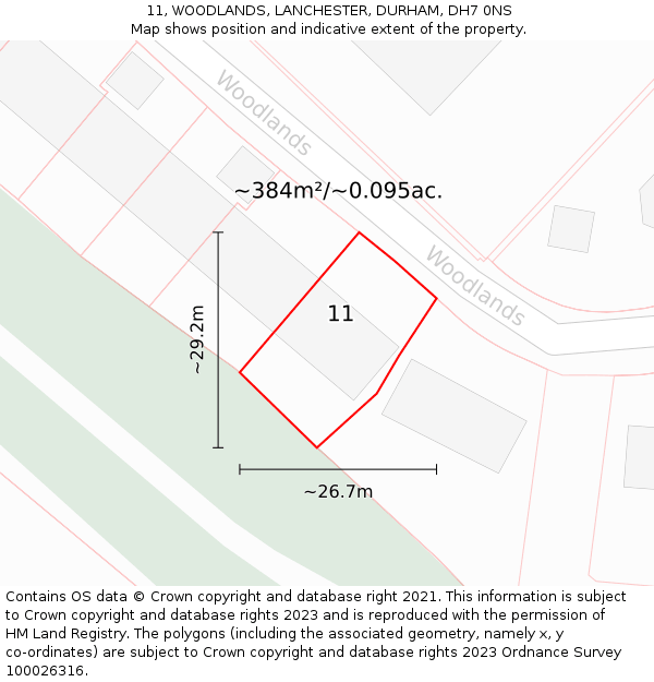 11, WOODLANDS, LANCHESTER, DURHAM, DH7 0NS: Plot and title map