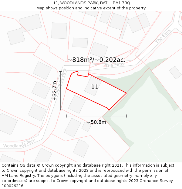 11, WOODLANDS PARK, BATH, BA1 7BQ: Plot and title map