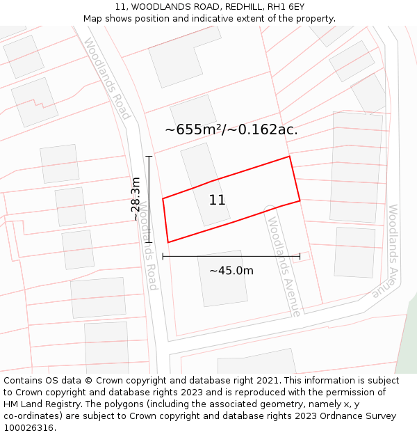 11, WOODLANDS ROAD, REDHILL, RH1 6EY: Plot and title map