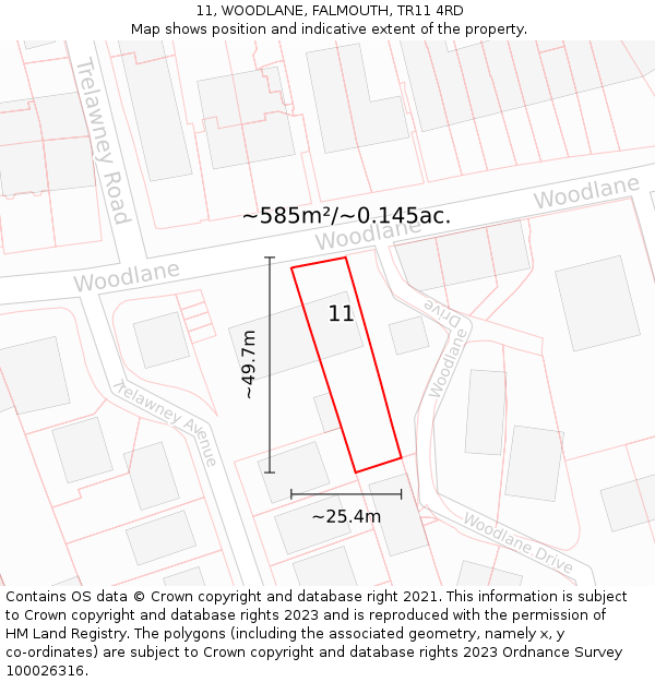 11, WOODLANE, FALMOUTH, TR11 4RD: Plot and title map