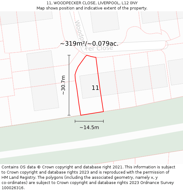 11, WOODPECKER CLOSE, LIVERPOOL, L12 0NY: Plot and title map