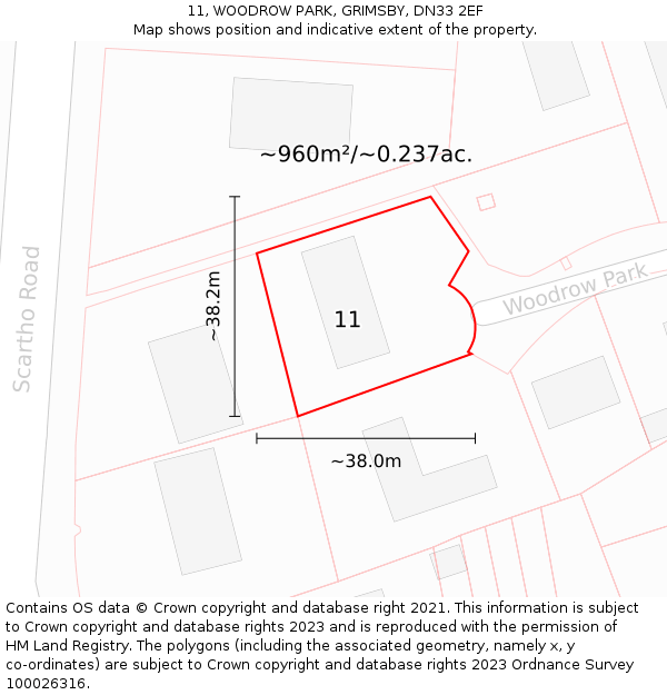 11, WOODROW PARK, GRIMSBY, DN33 2EF: Plot and title map