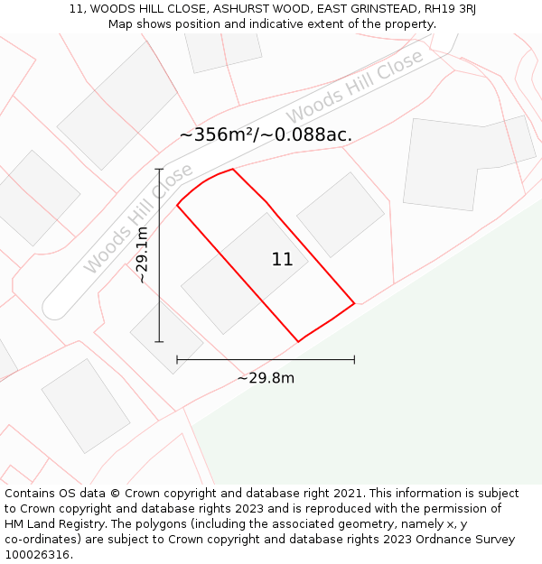 11, WOODS HILL CLOSE, ASHURST WOOD, EAST GRINSTEAD, RH19 3RJ: Plot and title map