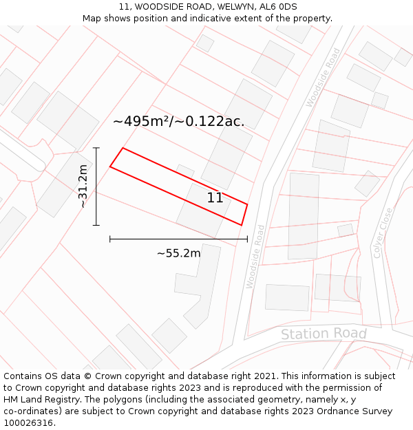 11, WOODSIDE ROAD, WELWYN, AL6 0DS: Plot and title map