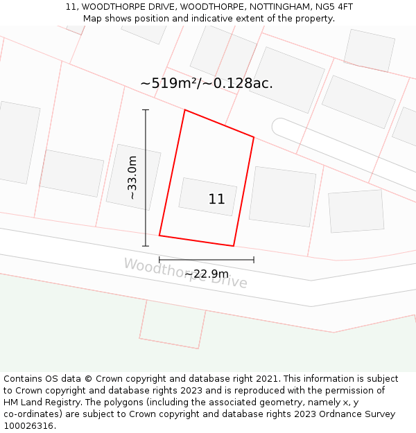 11, WOODTHORPE DRIVE, WOODTHORPE, NOTTINGHAM, NG5 4FT: Plot and title map