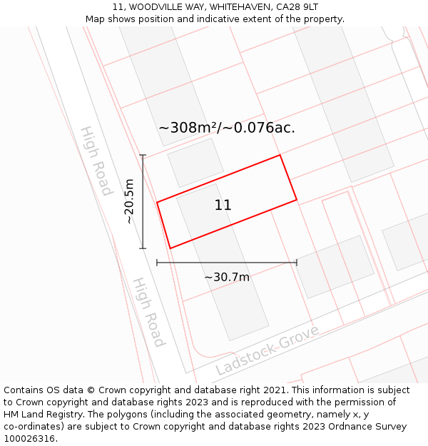 11, WOODVILLE WAY, WHITEHAVEN, CA28 9LT: Plot and title map