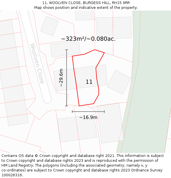 11, WOOLVEN CLOSE, BURGESS HILL, RH15 9RR: Plot and title map