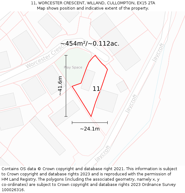 11, WORCESTER CRESCENT, WILLAND, CULLOMPTON, EX15 2TA: Plot and title map