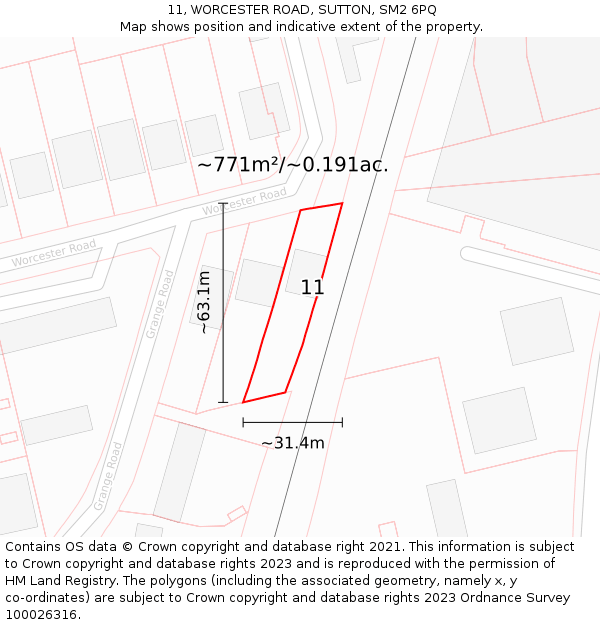 11, WORCESTER ROAD, SUTTON, SM2 6PQ: Plot and title map