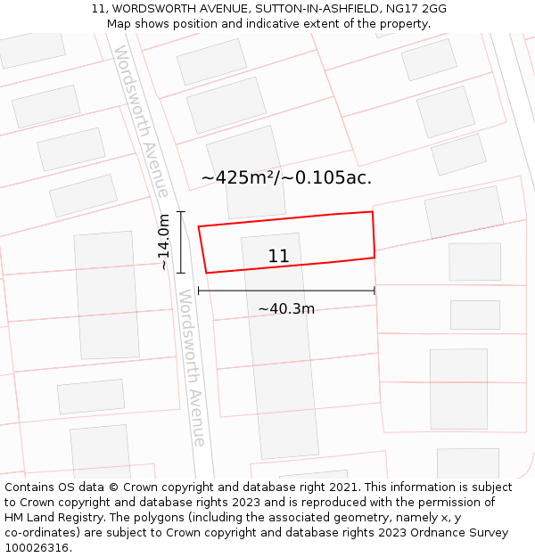 11, WORDSWORTH AVENUE, SUTTON-IN-ASHFIELD, NG17 2GG: Plot and title map