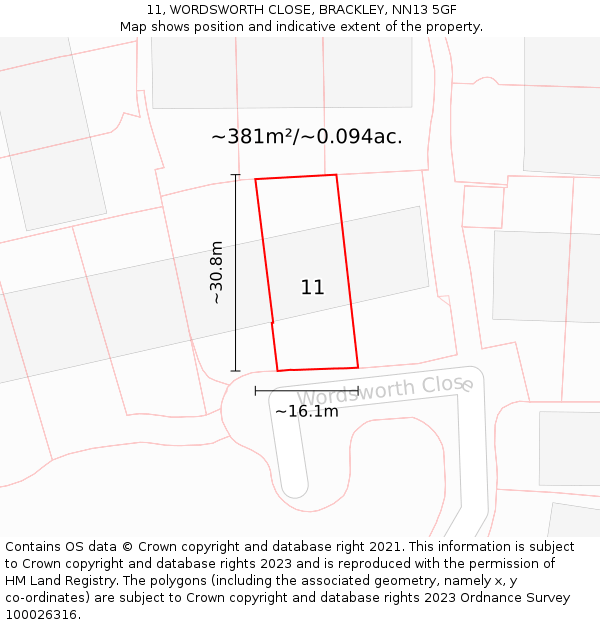 11, WORDSWORTH CLOSE, BRACKLEY, NN13 5GF: Plot and title map