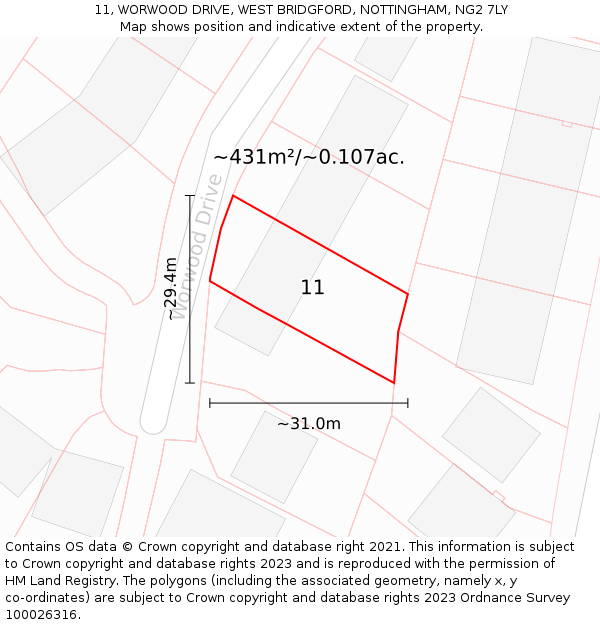 11, WORWOOD DRIVE, WEST BRIDGFORD, NOTTINGHAM, NG2 7LY: Plot and title map