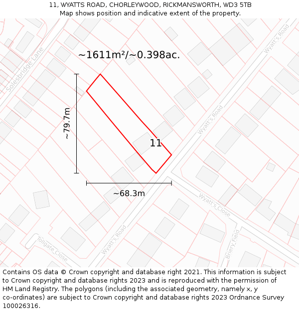 11, WYATTS ROAD, CHORLEYWOOD, RICKMANSWORTH, WD3 5TB: Plot and title map