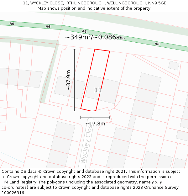 11, WYCKLEY CLOSE, IRTHLINGBOROUGH, WELLINGBOROUGH, NN9 5GE: Plot and title map