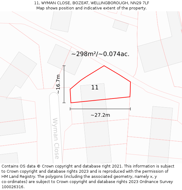 11, WYMAN CLOSE, BOZEAT, WELLINGBOROUGH, NN29 7LF: Plot and title map