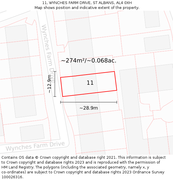 11, WYNCHES FARM DRIVE, ST ALBANS, AL4 0XH: Plot and title map