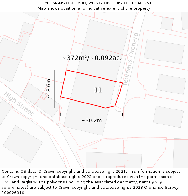 11, YEOMANS ORCHARD, WRINGTON, BRISTOL, BS40 5NT: Plot and title map