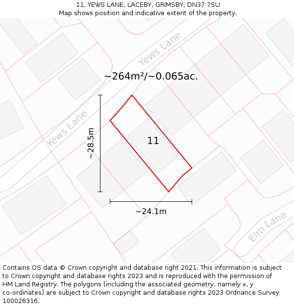 11, YEWS LANE, LACEBY, GRIMSBY, DN37 7SU: Plot and title map