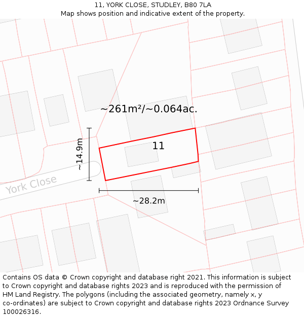 11, YORK CLOSE, STUDLEY, B80 7LA: Plot and title map